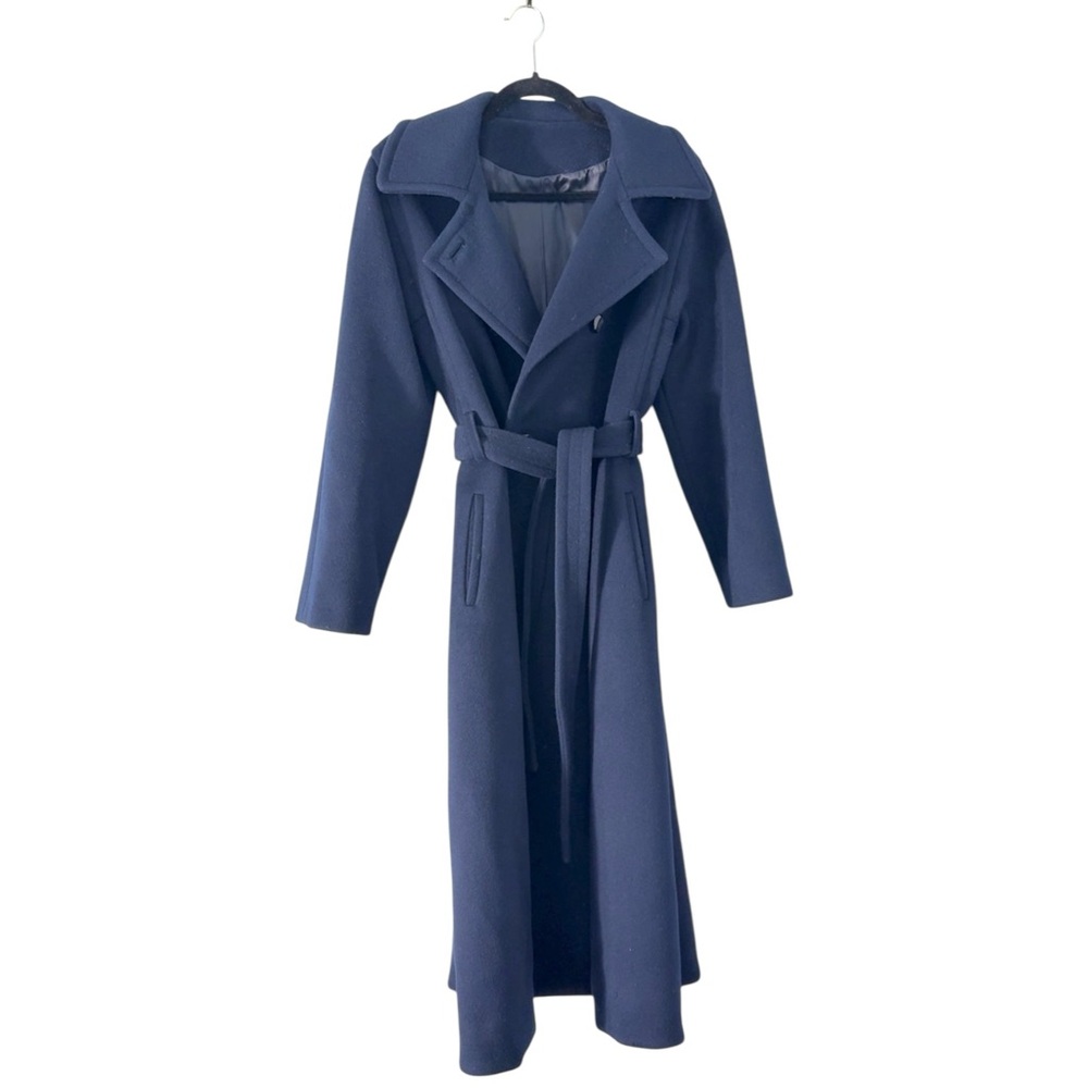 Vintage Rosewin Forstmann Wool Coat Womens Medium Navy Belted Long Overcoat 60s